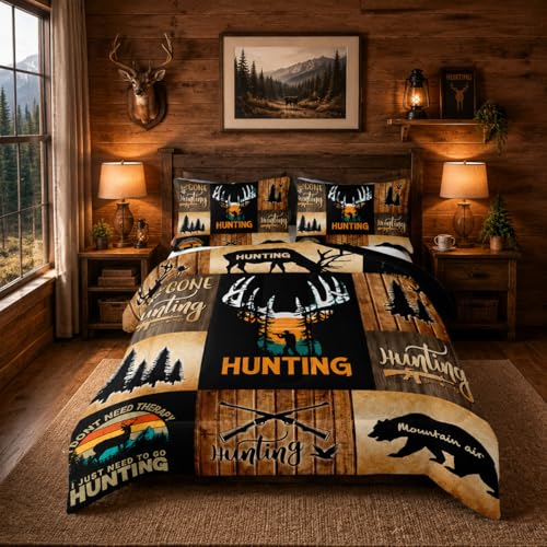 Nttopship Deer Hunting Print Comforter Set Full,Bear Hunting Bedding Set 3 Piece for Girls Women Teens Adult Kids Boys,Rustic Bear Comforter Set 3pcs Wildlife Hunting Room Decor with 2 Pillowcases