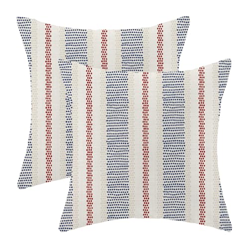 AEIOAE 4th of July Summer Outdoor Pillow Covers 18 x 18 Inch, Blue Red Polka Dots Striped Decor Throw Pillows for Couch Bed, Boho Modern Farmhouse Decorative Pillowcase Linen Cushion Cover Set of 2