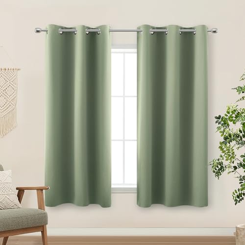 KOUFALL Short Curtains for Kitchen Window Over Sink,Blackout Thermal Cafe Curtain Sage Green 45 Inch Length 2 Panels Set