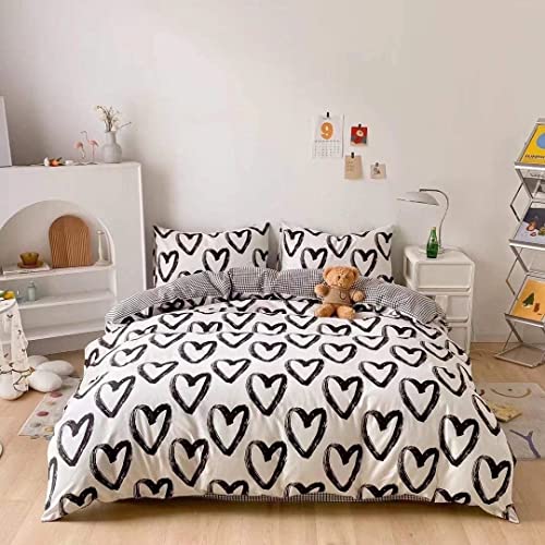 Houseri Black and White Comforter Set Full Love Bedding Sets for Teenage Girls Kawaii Full Size Dorm Bed Set Heart Shaped Cute Quilt Blankets Full