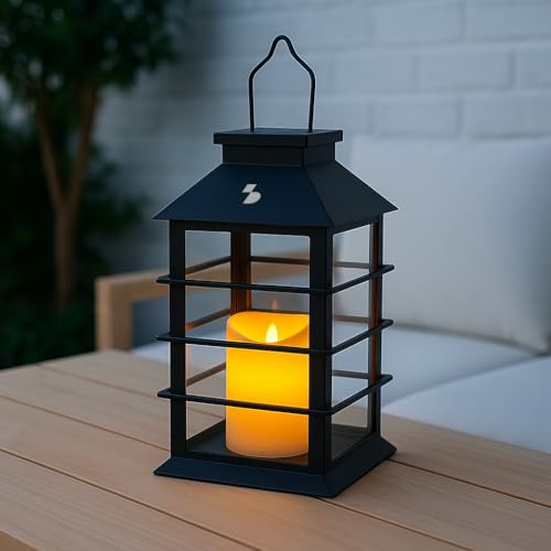 BEPER P207ILO303 Solar Lantern with LED Flame Effect Candle, Outdoor Solar Lamp with Hook, Automatic Switch-On, Warm Flickering Light, IP44 for Garden and Balcony