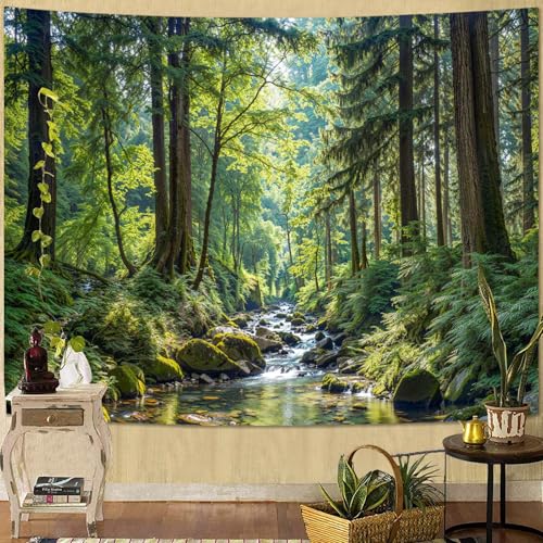 Kanuyee Sunlit Forest Stream Landscape Tapestry, Tranquil Nature Wall Hanging for Room Decor, Peaceful Woodland Home Decor 80L x 60W