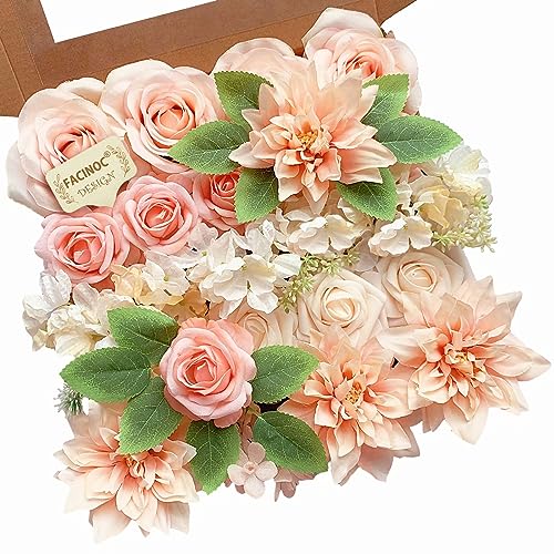 FACINOC Roses Artificial Flowers Peach Bouquet Box Set Fake Flower for DIY Bridal Wedding Shower Decorations Table Centerpieces Faux Silk Floral Arrangement for Party Home Decor Indoor Pink