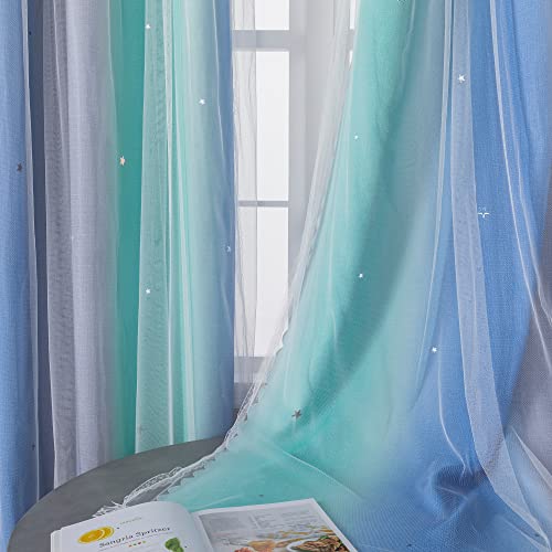 XiDi Curtains for Bedroom Decor, Rainbow BluGrenGrey-34-90 - 34 x90 inch, Blue Green Grey layered curtain, kids and girls bedroom decor, white sheer overlay,room darkening, grommet top