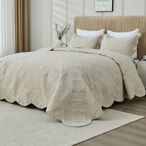 Kingnex Oversized King Bedspreads 128x120 for Extra Wide Tall King or Cal King Bed Ultrasonic Quilted Coverlet Set 3 Piece Include 1 Quilt 2 Pillowcases Beige