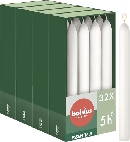 Bolsius - Smooth Taper Candles - White - 17 cm - Pack of 32 - Decorative Candles - Palm Oil Free