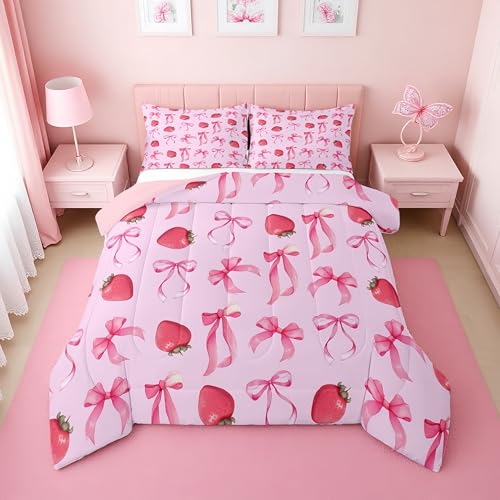 Erosebridal Strawberry Bow Toddler Comforter Set for Girls - Pink Bow Sweet Strawberry Bedding Sets for Kids Women, Cute Pink Ribbon Bows Bed Set, Kawaii Bowtie Room Decor, 1 Pillowcase