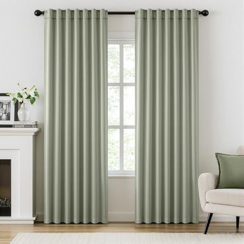 ANRODUO Rod Pocket and Back Tab Pleated Blackout Curtains Sage Green Curtains 102 Inches Long 2 Panels, Thermal Insulated Room Darkening Living Room Bedroom Curtain, 52x102 Inches