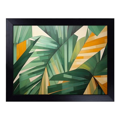 Lap Tray with Bean Bag Cushion, Tropical Leaf Geometric - Handmade in the UK, Raised Wooden Edge, Padded Cushion, Heat-Resistant Wipe-Clean Surface, for Meals, Laptops and Crafts