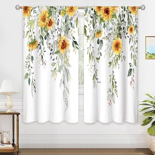 oolygoo Farmhouse Sunflower Eucalyptus Botanical Leaves Floral Window Curtains Yellow Flower Watercolor Plant Wildflower Curtain Drapes Herb Curtains for Bedroom Living Room Treatment 29Wx63H Inch