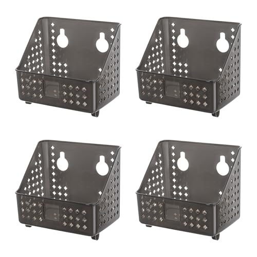 Cetomo Plastic Hanging Baskets with Hole, Wall Mounted Storage Boxes, Hangable Shelf Basket Organizer with Hooks, for Bathroom Shower Home Kitchen, Clear Black, 4 Pack (19.7 x 13 x 17 cm)