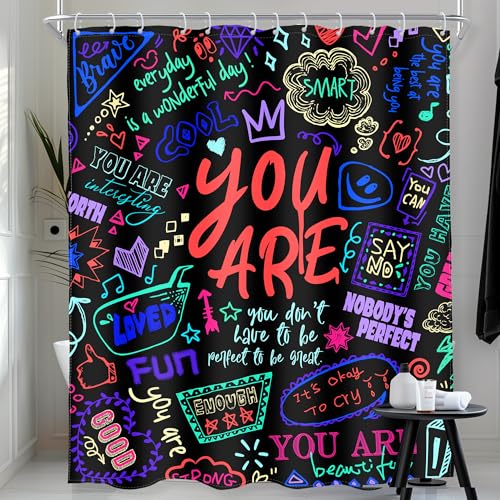 AMBZEK Neon Kids Inspirational Quotes Shower Curtain 72Wx78L Inch Teens You are Motivational Abstract Funny Colorful Artwork Cloth Fabric Waterproof Polyester Bathroom Decor Set with 12 Pack Hook