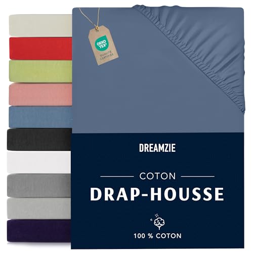 Jersey Cotton Fitted Sheets Blue - For Mattress 200 x 200 x 27 cm - Certified Free of Chemical Products (OEKO TEX), Fitted Sheets with Full Elastic