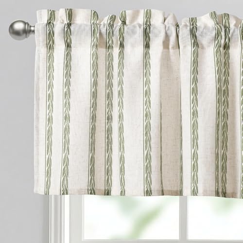 "JIUZHEN 42x18 Inch Kitchen Valance - Thick Textured Linen Striped Window Valance Curtain with 3"" Rod Pocket, Wheat Stripe Green (1 Panel)"