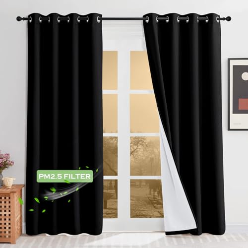 KGORGE Anti Dust Soundproof 100% Blackout Curtains 4 Layers Heavy Duty Energy Efficiency Window Curtains for Living Room Baby Bedroom Home Office Studio, Wide 52 x Long 95 inches, Black, 2 Panels