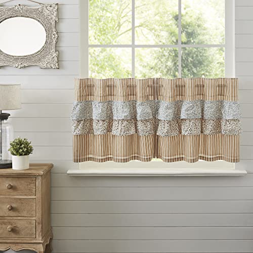 VHC Brands Kaila Country Cottage Ruffled Gold Ticking Stripe Curtain Tier Set 24Lx36W