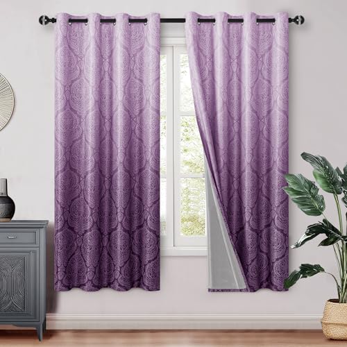 DWCN 100% Blackout Curtains for Bedroom 63 Inch Long- Double Layers Damask Patterned Ombre Thermal Insulated Energy Saving Grommet Drapes for Living Room, Window Curtain 2 Panels, 52 x 63 Inch, Purple