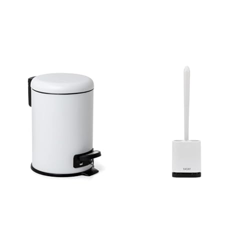 TATAY Stainless Steel Bathroom Bin with Pedal, 3L Capacity, Color White. + Silicone Toilet Brush, Flexible, with Quick Drying Ventilation, Gray Brush.
