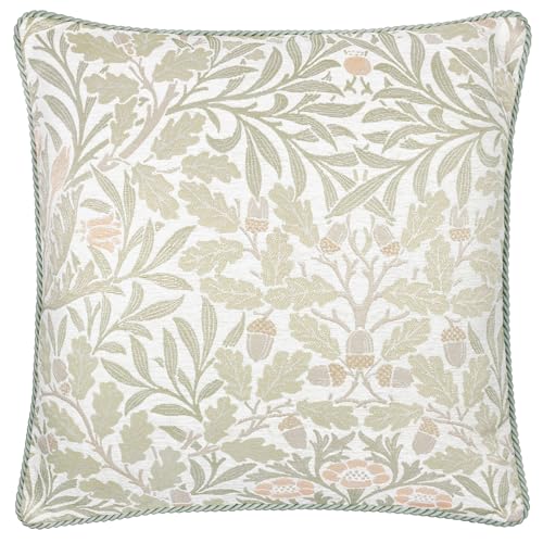 Morris&Co. Acorn Feather Rich Filled Cushion – Piped Jacquard Woodland Pillow with Rope Trim (Stone/Sage - 55x55cm)