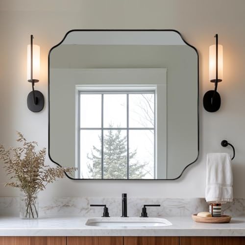 ANDY STAR 30x30 c Square Mirror, Matte Black Vanity Mirror, Modern Scalloped Bathroom Mirror in Premium Stainless Steel Metal Thin Frame, Unique Rounded Notched Corners