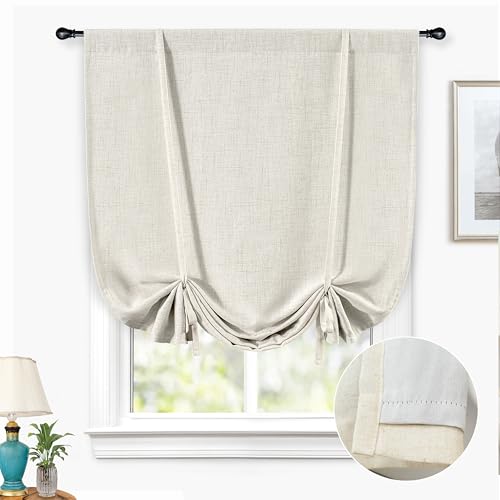 DriftAway Double Layer Linen Blackout Tie Up Curtains Thermal Insulated Fully Lined Balloon Roman Shade Bathroom Window Adjustable Rod Pocket for Small Window 39 Inch by 55 Inch Light Linen