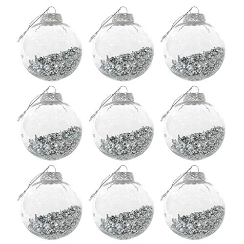 Set of Nine Medium Round Shaker Style Glamorous Christmas Tree Baubles Clear Plastic With Silver Foil Filling 8cm Diameter