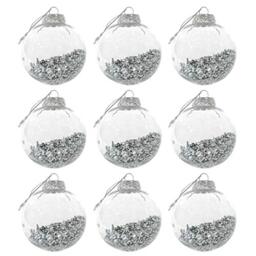 Set of Nine Medium Round Shaker Style Glamorous Christmas Tree Baubles Clear Plastic With Silver Foil Filling 8cm Diameter