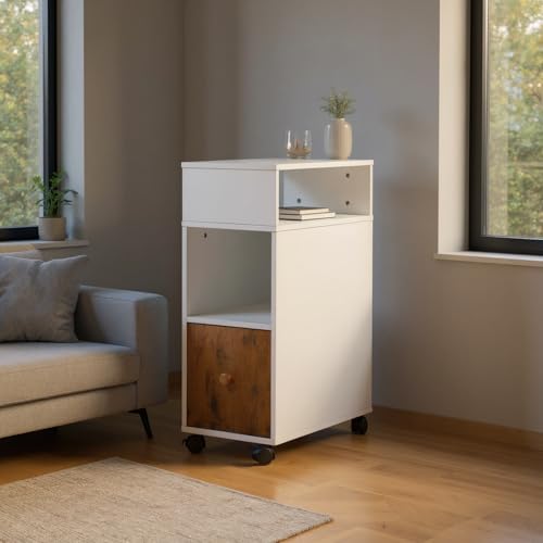 FurnitureR Mobile Sofa Central Table with Storage Drawer, White and Rustic Brown, 2 Shelves, Narrow Slim Design, 50 x 25 x 68 cm