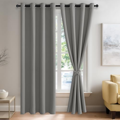 JIUZHEN Blackout Curtains with Tiebacks - Thermal Insulated, Light Blocking and Noise Reducing Grommet Curtain Drapes for Bedroom and Living Room, Set of 2 Panels, Light Grey, 52 x 84 Inch Length