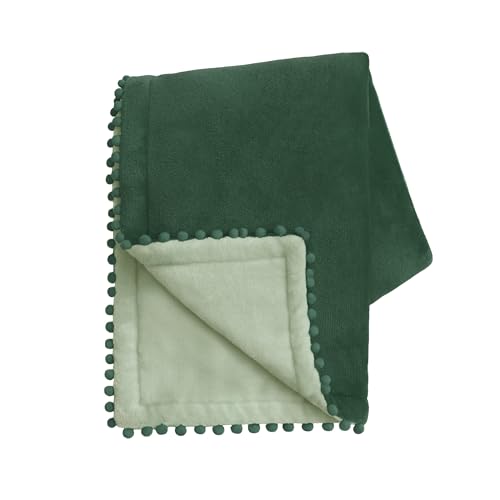 MONDAY MOOSE Cozy Fleece Throw Blanket with Pom Pom Fringe, Super Soft Lightweight Blanket, Double-Sided Designs, for Couch Bed Sofa Home Decor (50x60 inch, Dark Green/Sage)