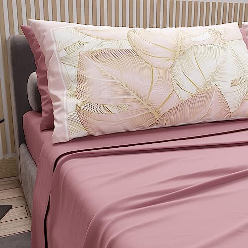 PETTI Artigiani Italiani - Cotton Sheets with Pillowcases in Digital Print, French Queen, Complete Top and Bottom Sheet with Corners, Powder, 100% Made in Italy