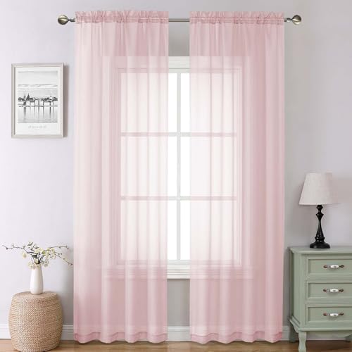 "Lecloud Blush Pink Sheer Curtains 90 Inches Long 2 Panels, Modern Airy Voile Solid Curtains, Transparent Aesthetic Windows Decor Drape with Rod Pocket for Bedroom Living Room, Each 42"" W x 90"" L"