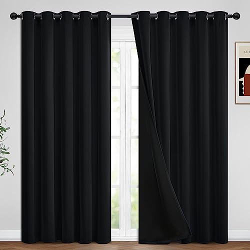 Blackout Curtains 96 inch Length, Thermal Insulated & Energy Efficiency Window Draperies for Guest Room, Full Shading Panels with Black Liner for Shift Worker and Light Sleepers, W62 x L96, Black
