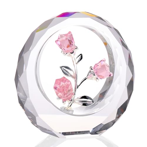 Crystal Pink Roses Bouquet Figurines, Glass Rose Flowers Romantic Gifts for Her Women - Crystal Forever Rose Flower Decor for Valentines Mothers Day Anniversary