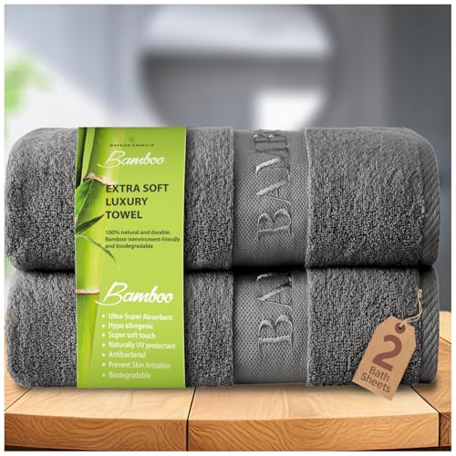 GC GAVENO CAVAILIA Bamboo Bath Sheet Extra Large (80x140cm) - 500 GSM Super Water Absorbent Towels Large Bamboo Towels 2 Pack (60% Bamboo, 40% Cotton) - Extra Soft Towel Bath Sheets - Charcoal