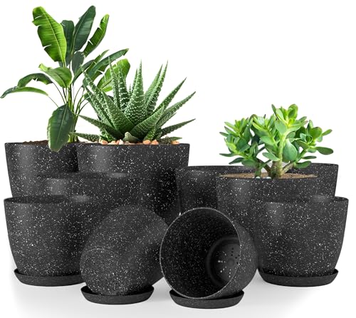 Utopia Home - Spotty Plant Pots Indoor with Drainage - 7/6.6/6/5.3/4.8 Inches Flower Pots - 5 Pack Plastic Planters - Ideal for Stocking Stuffers - Speckled White (Speckled Black, Pack of 10)