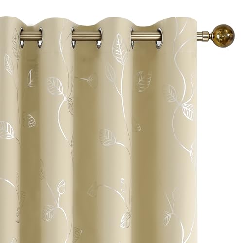 BUHUA Room Darkening Curtains 63 Inch Length, Window Treatments for Living Room Grommet Curtains with Silver Leaf Foil Design (52 x 63 Inch,Beige,Set of 2)
