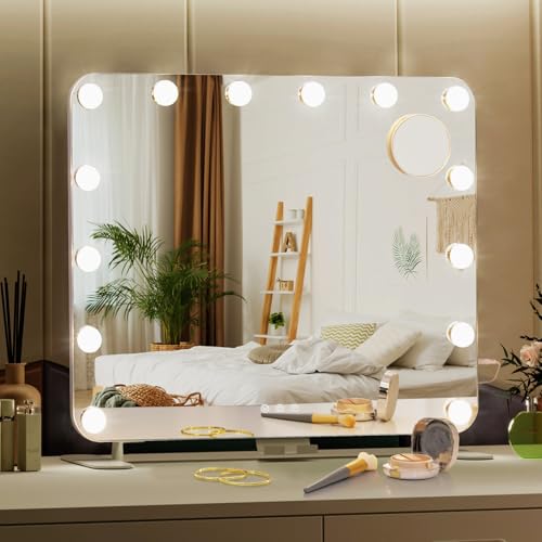 Clevich Hollywood Vanity Mirror 60x50 cm, Makeup Mirror with Lights, 14 Dimmable Bulbs, 3 Colour Modes, 10X Magnifying, USB & Phone Stand, Vanity Mirror, Double Base Design for Bedroom