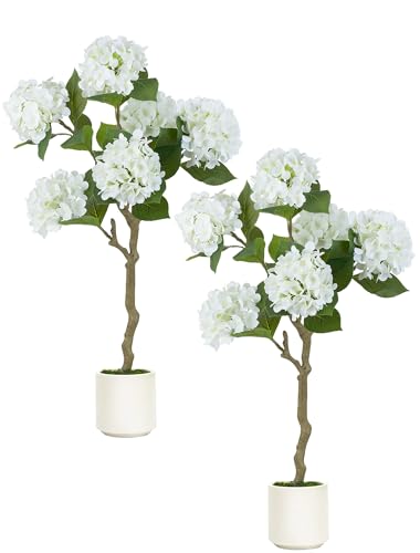 BLOSMON White Hydrangea Fake Tree: 2pc 39 Inch Artificial Silk Plants for Home Living Room Decor Indoor - Real Touch Faux Hydrangeas with Pot for Front Door Porch Patio Entrance Decoration