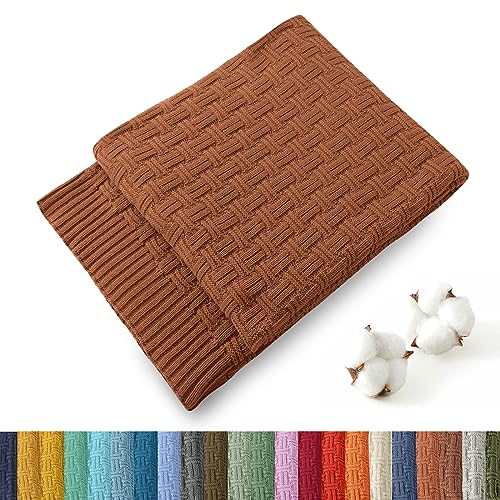 TREELY 100% Cotton Knitted Throw Blanket 60 x 80 Inches, Brown - Couch Cover Blanket, Decorative for Couch, Bed & Sofa