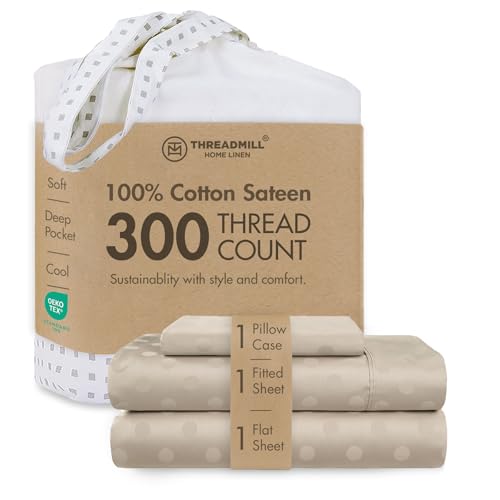 "Threadmill Home Linen 300 Thread Count Sheets Twin Size 100% Cotton Jacquard 3 Piece Bed Sheet Set for Kids and Adults That fits Mattresses Up to 17"" Deep Pocket, Smooth Sateen, Twin, Beige"