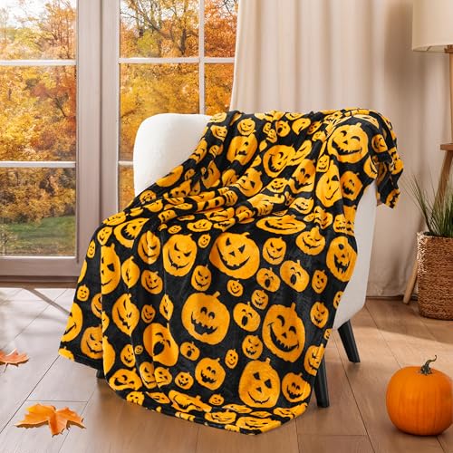 PAVILIA Halloween Throw Blanket for Couch - Orange Pumpkin Fall Fleece Blanket - Soft, Plush, Warm Black Fall Cabin Throw, 60x80 (Pumpkin Halloween)