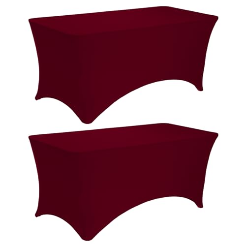 JALANCY 2 Pack 6FT Spandex Table Covers Washable Wrinkle Resistant Fitted Rectangle Tablecloth for Folding Table Wedding Party Birthday Banquet Bar Events???Burgundy???