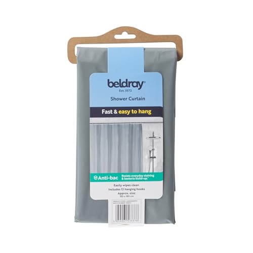 Beldray Anti-Bac Shower Curtain - Size 180cm x 180cm Approx - Easy Wipe Clean - Treated with Zinc Pyrithione - Protects Against Bacteria - Includes 12 Hanging Hooks for Installation - Water Resistant