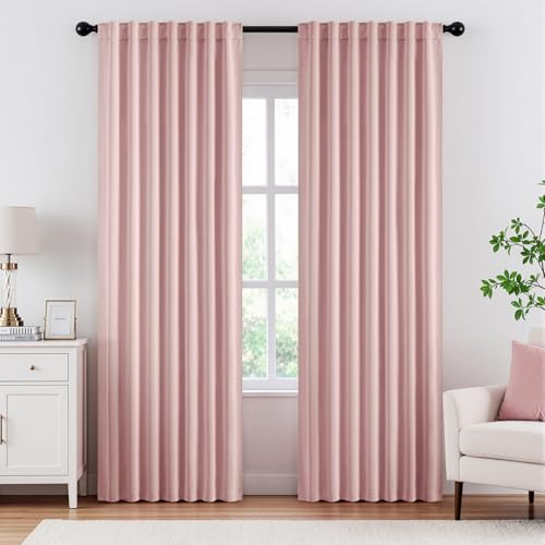 ANRODUO Rod Pocket and Back Tab Pleated Blackout Curtains Light Pink Curtains 90 Inches Long 2 Panels, Thermal Insulated Room Darkening Living Room Bedroom Curtain, 42x90 Inches