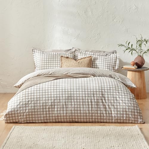 Yard Barton Gingham Check Duvet Cover Set – 100% Cotton Reversible Oxford Pillowcases Soft & Breathable Premium Bedding (Natural – King)