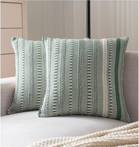Cethom Boho Throw Pillow Covers 18x18 Inch Set of 2, Farmhouse Decorative Couch Pillow Cases, Light Green Accent Pillows of Bed, Sofa Bedroom Living Room Home Decor Cushion Cover