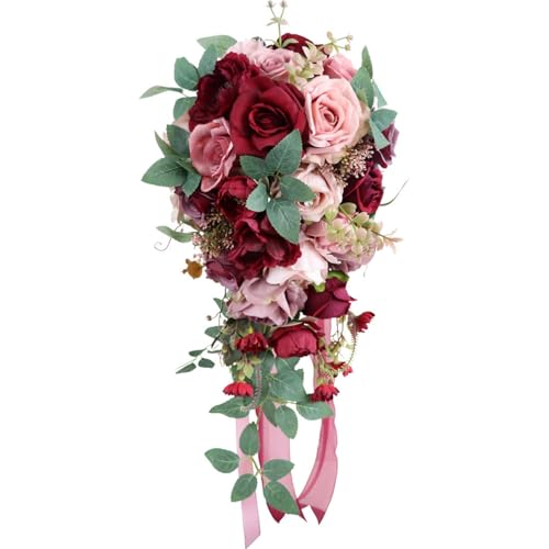 Gkvszy 9.1 Inch Cascading Bridal Bouquet Waterfall Cascade Bridal Wedding Bouquet for Bride with Artificial Rose Flower Ribbon Rustic Burgundy Mauve and Pink