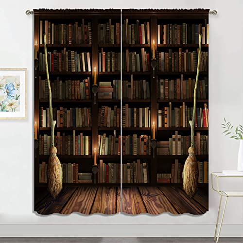 PYMATYTN Bookshelf with Books Blackout Curtains, Boy Girls Bedroom Living Room Darkening Decor Vintage Library Art Painting Rod Pocket Thermal Insulated Window Curtain/Drapes, 42x45 Inch