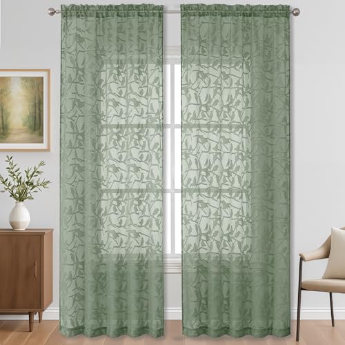 OVZME Anji Clip Voile Sheer Curtains RD 2X52X120 Sage Green